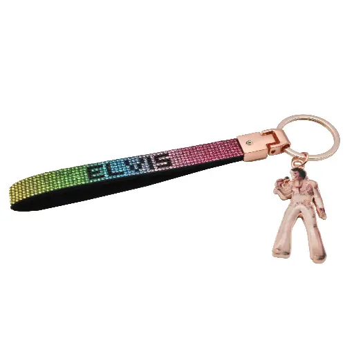 [E9100] Elvis Key Chain - Wristlet w/ Rhinestones Rainbow